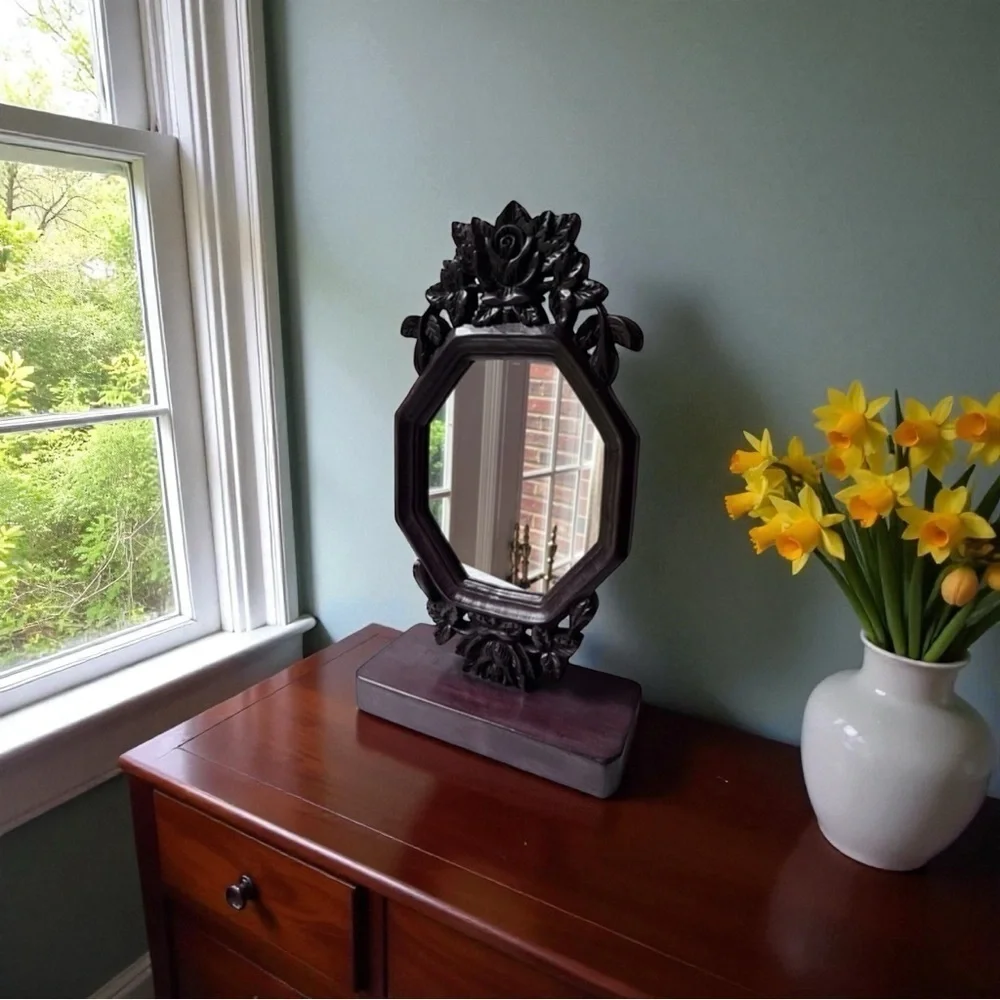 Antique hand carved vanity mirror Floral frame walnut wood frame